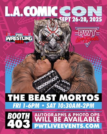 A promotional poster featuring The Beast Mortos, a pro wrestler with a fierce expression and tribal face paint. He is flexing his arms and wearing arm bands, set against a vibrant pink background with text announcing L.A. Comic Con and details about his appearance.