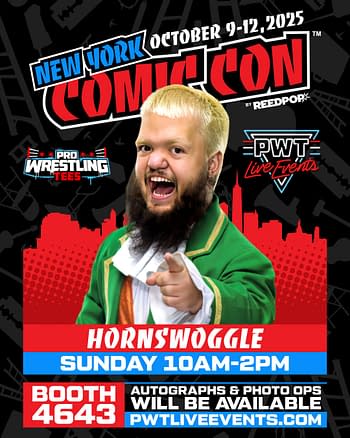 A promotional banner for Hornswoggle at the New York Comic Con 2025, featuring a colorful design with the event dates, Hornswoggle's name, and details about autographs and photo opportunities.