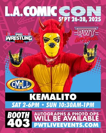 A character named Kemalito, wearing a vibrant red costume with yellow accents and horns, poses enthusiastically with a hand gesture. The background features event details for L.A. Comic Con 2025.