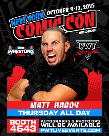 A promotional image for Matt Hardy at New York Comic Con, featuring him with a powerful expression and showing off his muscular arms. The background includes event details and branding elements from Pro Wrestling Tees.
