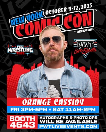 A promotional graphic featuring Orange Cassidy, a pro wrestler with sunglasses and a denim jacket. The backdrop includes the text 'New York Comic Con' with event details and annotations regarding autographs and photo opportunities.