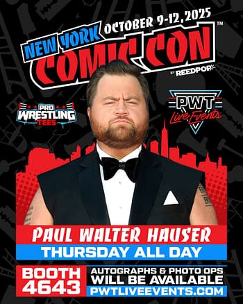 A promotional graphic for the New York Comic Con featuring Paul Walter Hauser, dressed in a tuxedo with a bow tie, displaying a serious expression. The background includes event details and a logo for Pro Wrestling Tees.