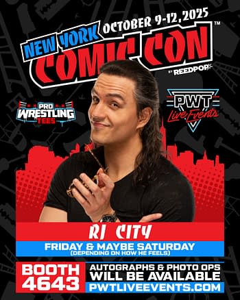 A promotional graphic for RJ City at the New York Comic Con, featuring him smiling and holding a microphone, with event details and branding from Pro Wrestling Tees.