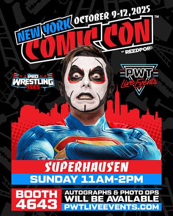 A promotional graphic for New York Comic Con 2025 featuring a character named Superhausen. The character has dramatic makeup and is dressed in a superhero costume, indicating a fun and lively atmosphere for the event.