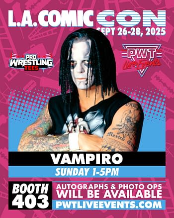 A promotional graphic for L.A. Comic Con 2025 featuring Vampiro, a wrestler with black hair and face paint, announcing his appearance at Booth 403 for autographs and photo opportunities.
