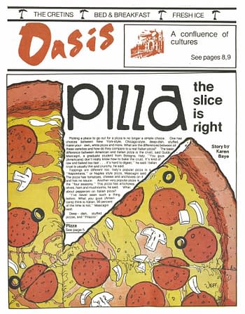 A colorful illustration of a pizza slice topped with pepperoni and mushrooms, featuring a cartoonish design. The top of the image displays the word 'Oasis' in a stylized font, along with a headline about pizza.