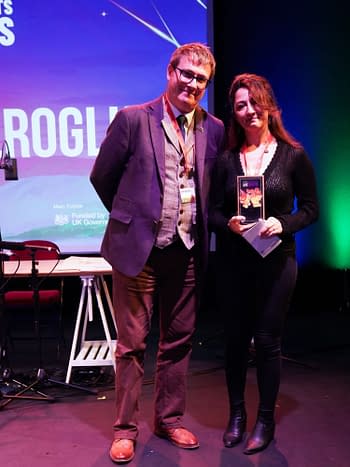 Cartoonists Rights Executive Director Terry Anderson and Zehra Ömeroğlu at the Lakes International Comic Art Festival on Friday night | Photo: Power Group