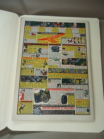 Action Comics #1 (DC Comics, 1938) back cover. A colorful illustration featuring various advertisements, including products like toys, cameras, and gadgets, arranged in a collage format. The background includes bold text and images that highlight the novelty items for sale.