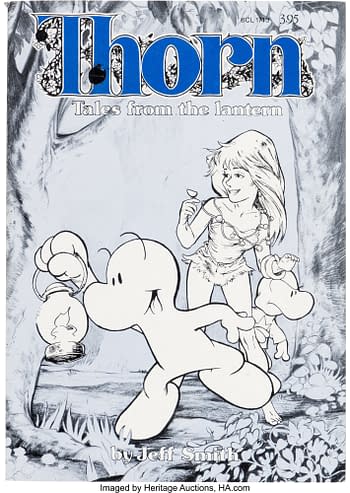 Thorn Tales From the Lantern #nn (Jeff Smith, 1983): An illustration featuring a character named Thorn holding a lantern, accompanied by two whimsical, cartoon-like creatures. The background depicts a forest scene with trees and foliage, rendered in shades of gray, while Thorn's features are more detailed and playful.