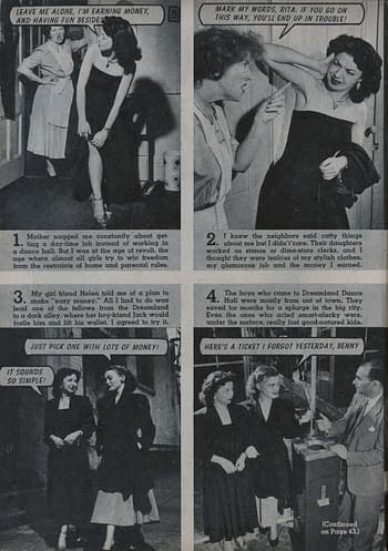 A vintage comic page depicting teenage girls in various dramatic scenes. One girl is in a stylish dress while another warns her about the dangers of her lifestyle. Dialogue balloons illustrate their conversations about money and social challenges.