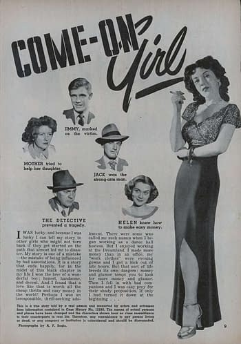 A vintage comic page featuring dramatic characters: a woman in a stylish dress, a concerned mother, and men labeled as a victim, a strong-arm man, and a detective. The title 'COME-ON Girl' is boldly displayed at the top.