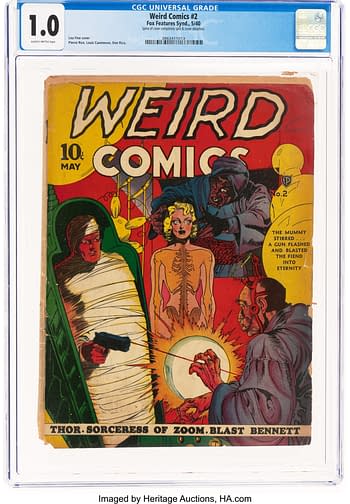 Cover of 'Weird Comics' #2 featuring vibrant illustrations of a mummy, a woman, and various dramatic actions, with a background of bright colors and surreal elements.