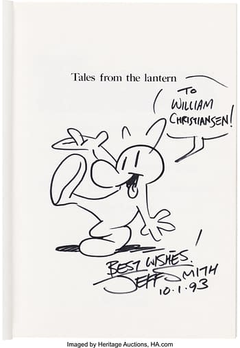 Thorn Tales From the Lantern #nn (Jeff Smith, 1983): A black and white illustration of a cartoon character, drawn by Jeff Smith, cheerfully waving and sticking out its tongue. The character is accompanied by a handwritten message addressing 'William Christiansen' and signed with 'Best Wishes' and the date '10.1.93'.