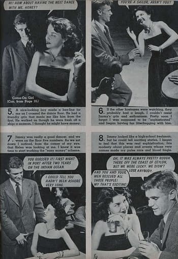 A vintage comic page featuring two couples dancing and conversing, highlighting a teenage romance narrative. Speech bubbles convey flirtatious dialogue and whimsical interactions between characters dressed in mid-20th century style.