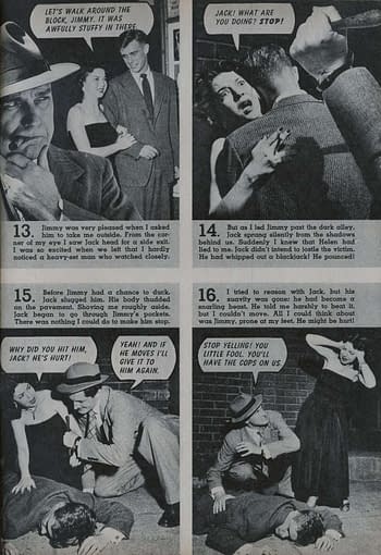 A vintage comic page depicting a tense scene with a man in a hat threatening another man on the ground while a woman in a black dress appears distressed. Dialogue boxes capture the drama of the moment, emphasizing the conflict and danger of the situation.