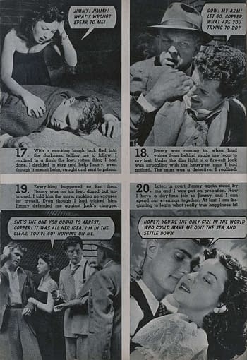 A comic panel depicting a dramatic scene from a vintage teenage romance story. Characters express a range of emotions, with speech bubbles conveying dialogue about love and conflict.