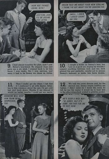 A vintage comic page portrays a dramatic scene with two couples at a social gathering. The dialogue reveals a tense interaction involving jealousy and deceit, emphasizing teenage romances and scheming.