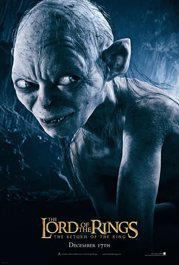 A promotional poster for 'The Lord of the Rings: The Return of the King' features Gollum, a pale, gaunt creature with large eyes and sharp teeth, set against a dark background. The poster includes the film title and the release date, December 17th.