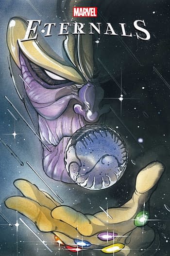 Peach Momokos cover to Eternals #7, by Kieron Gillen and Esad Ribic, in stores in November from Marvel Comics featuring Thanos