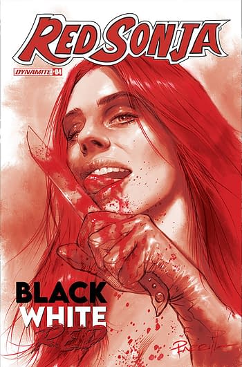 Cover image for RED SONJA BLACK WHITE RED #4 CVR E 10 COPY INCV PARRILLO TIN
