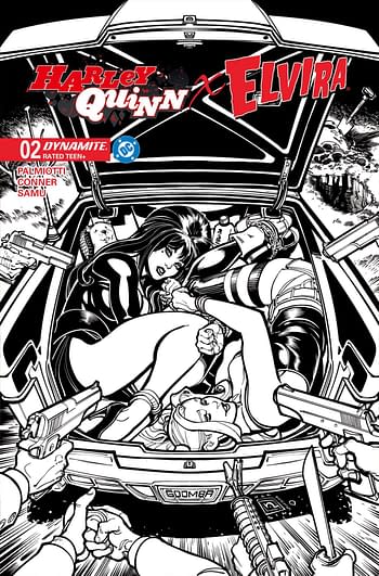 Cover image for HARLEY QUINN X ELVIRA #2 CVR M 10 COPY INCV HARDIN LINE ART