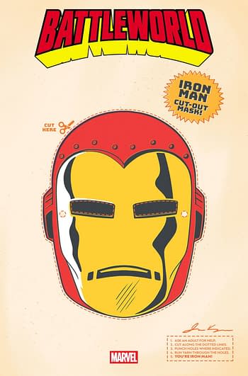 A retro-style cut-out mask of Iron Man, featuring bright yellow and red colors. Instructions for assembling the mask are also included.