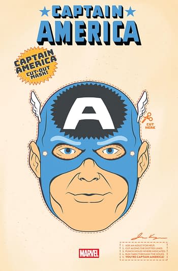 A cartoon-style cut-out mask design featuring a character with a blue mask, showcasing a prominent 'A' logo on the forehead and winged details at the sides. Instructions for cutting and using the mask are included at the bottom.