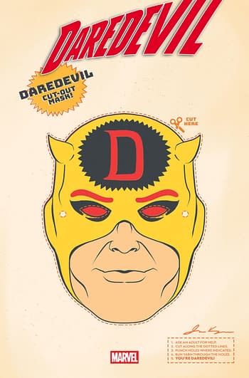 A vintage-style illustration of a cut-out Halloween mask depicting Daredevil, featuring a yellow mask with red accents and black eye holes. Instructions for cutting and wearing the mask are included in the design.