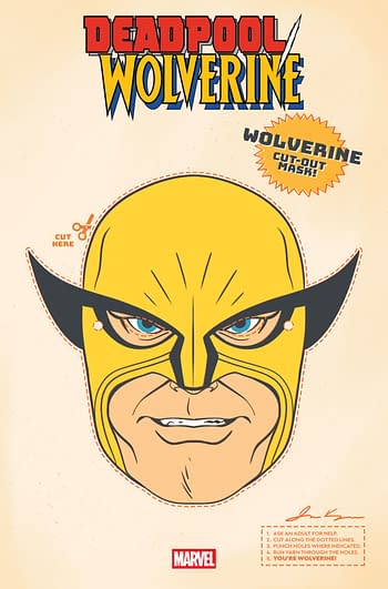 A cartoon illustration featuring a cut-out Wolverine mask from Marvel comics. The mask is predominantly yellow with prominent black ears and facial features, and includes instructions for cutting and assembling the mask.