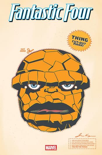 A retro-style cut-out mask featuring the comic character Thing from Marvel's Fantastic Four. The design includes a blocky orange face with prominent eyes and instructions for cutting and assembling the mask.