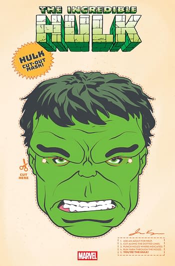 A retro-style Halloween mask design featuring the face of the Hulk, characterized by green skin, thick black hair, and a fierce expression. Instructions for use are included, along with an iconic Marvel logo at the bottom.