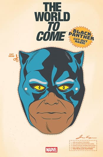 A retro-style cut-out mask illustration featuring the Black Panther character. The mask is primarily blue with distinctive yellow eyes and has instructions for creating a mask.