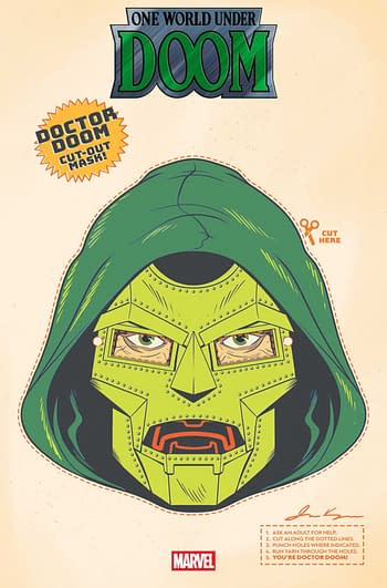 A colorful, retro-styled cut-out mask featuring a character with a green face and hood, designed to resemble Doctor Doom. Instructions for assembly are included along the bottom of the mask, with a playful note to cut along the dotted lines.