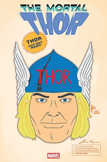 A retro-style illustration of a Thor cut-out mask featuring his face, blond hair, and winged helmet. The design includes instructions for cutting and using the mask, with a playful, vintage aesthetic.