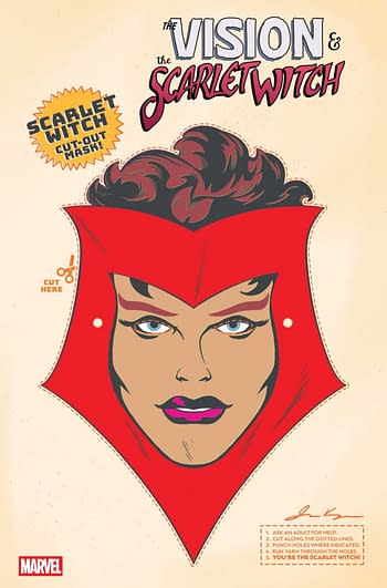 A vibrant illustration featuring the Scarlet Witch from Marvel, with her distinctive red costume and flowing hair. Instructions for creating a cut-out mask are visible around the image.