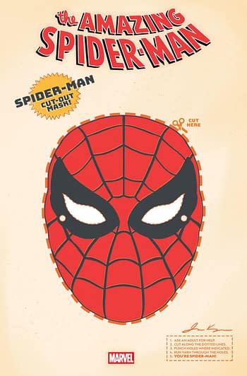 A retro-style cut-out mask featuring a red Spider-Man design with large white eye sections. There are instructions on how to cut and assemble the mask, along with the text 'SPIDER-MAN CUT-OUT MASK' and a 'cut here' symbol.