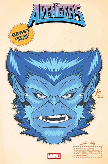 A retro-style cut-out mask design featuring a blue beast character with fierce facial features, large fangs, and pointed ears. The mask has dotted lines indicating where to cut and small instructions for use.