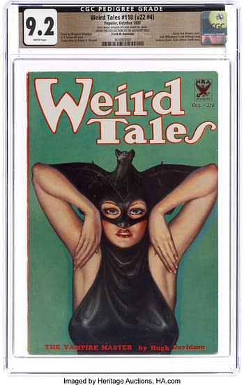 Cover illustration of Weird Tales #118, published in October 1933, featuring a woman in a black mask and outfit, striking a dramatic pose. The artwork is vibrant with a green background and bold red text.