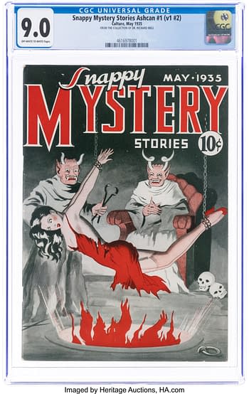 Cover of the May 1935 'Snappy Mystery Stories' ashcan comic, featuring a distressed woman in a red dress surrounded by flames and two demonic figures. The comic is graded 9.0 by CGC and priced at 10 cents.