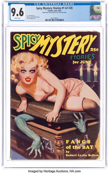 A vintage comic book cover titled 'Spicy Mystery Stories #1' features a shocked blonde woman in revealing clothing, peering over the edge of a chest, while a green hand reaches out from it. The background includes lit candles and the text highlights 'Fangs of the Bat' by Robert Leslie Bellem.