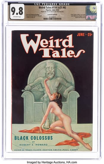 Cover illustration from 'Weird Tales' #114, featuring an ancient seated statue and a nude woman in a dramatic pose. The magazine, published in June 1933, showcases fantasy and horror stories.