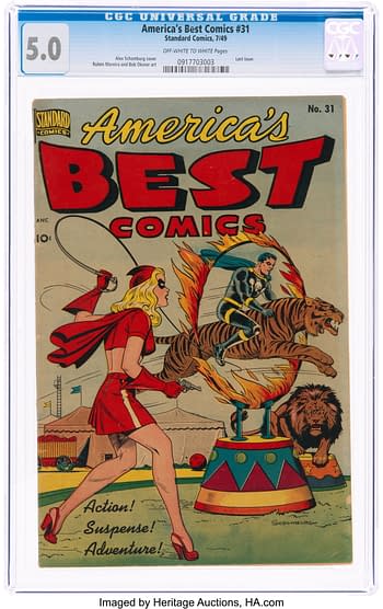 America's Best Comics #31 (Nedor Publications, 1949), Miss Masque cover by Alex Schomburg.