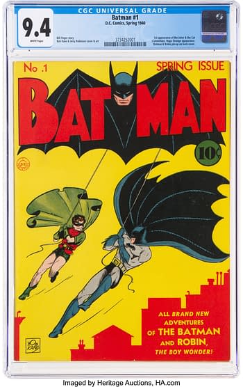 A vintage comic book cover for Batman #1 from DC Comics, released in Spring 1940. The cover features Batman and Robin in action, highlighted by bold colors with the title prominently displayed.