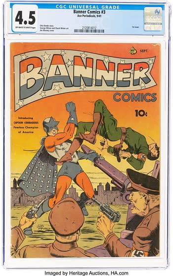 Cover of Banner Comics #3 from September 1941, featuring the character Captain Courageous in a dynamic pose battling an enemy soldier, with an urban skyline in the background. The comic has a prominent title and showcases vibrant colors typical of Golden Age comics.