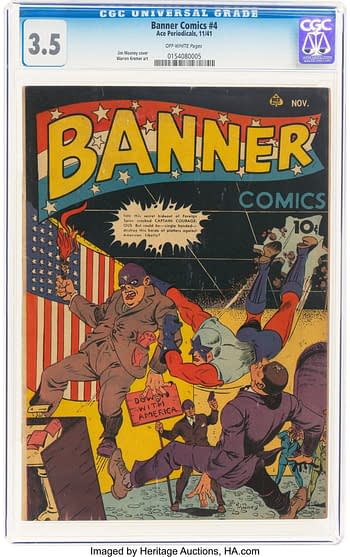 A comic book cover featuring bold title 'BANNER COMICS' with an action scene where the superhero Captain Courageous engages in a struggle against foreign spies. The background includes elements like an American flag and dramatic illustrations.