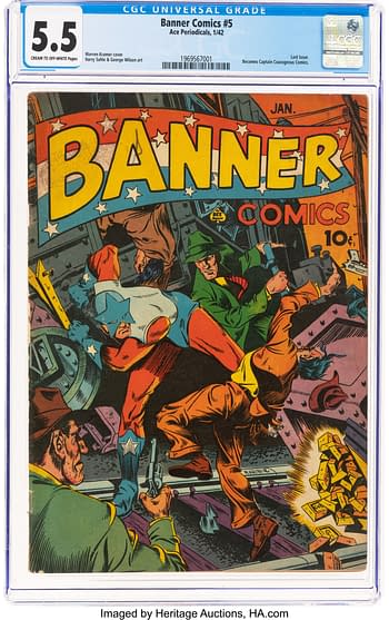A colorful comic book cover for Banner Comics #5 from 1942 featuring a dynamic scene with characters in action, including a hero with a star on their chest. The cover includes bold lettering and illustrations of various characters in a dramatic setting.