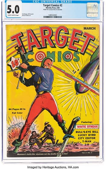 Cover of 'Target Comics #2' featuring a dynamic superhero with a futuristic weapon, dramatic colors, and bold lettering. Includes details about the comic's content and features.