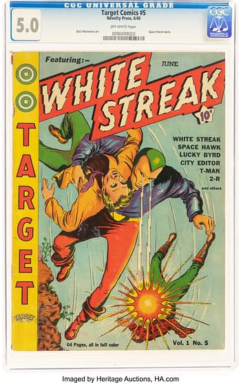 A comic book cover from Target Comics #5 features a dynamic scene with the character White Streak in action, displaying vibrant colors and bold lettering.