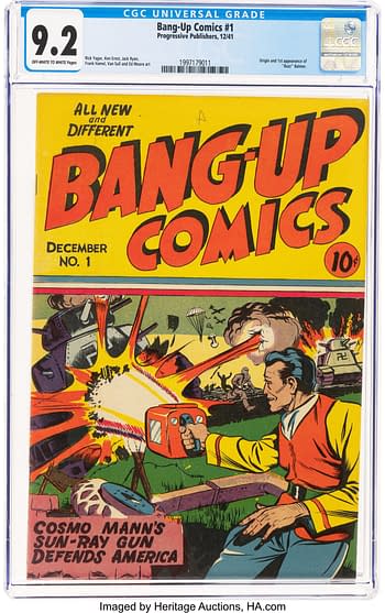 The cover of Bang-Up Comics #1 features vibrant illustrations depicting an action scene with a character aiming a futuristic weapon. The title, emblazoned in bold letters, prominently states 'Bang-Up Comics' with the issue number and a price tag.