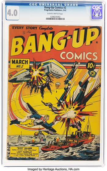 The cover of Bang-Up Comics #2 from March 1942, featuring bold colors and action-packed illustrations. The comic depicts characters in a dramatic battle scene with explosions and aircraft.